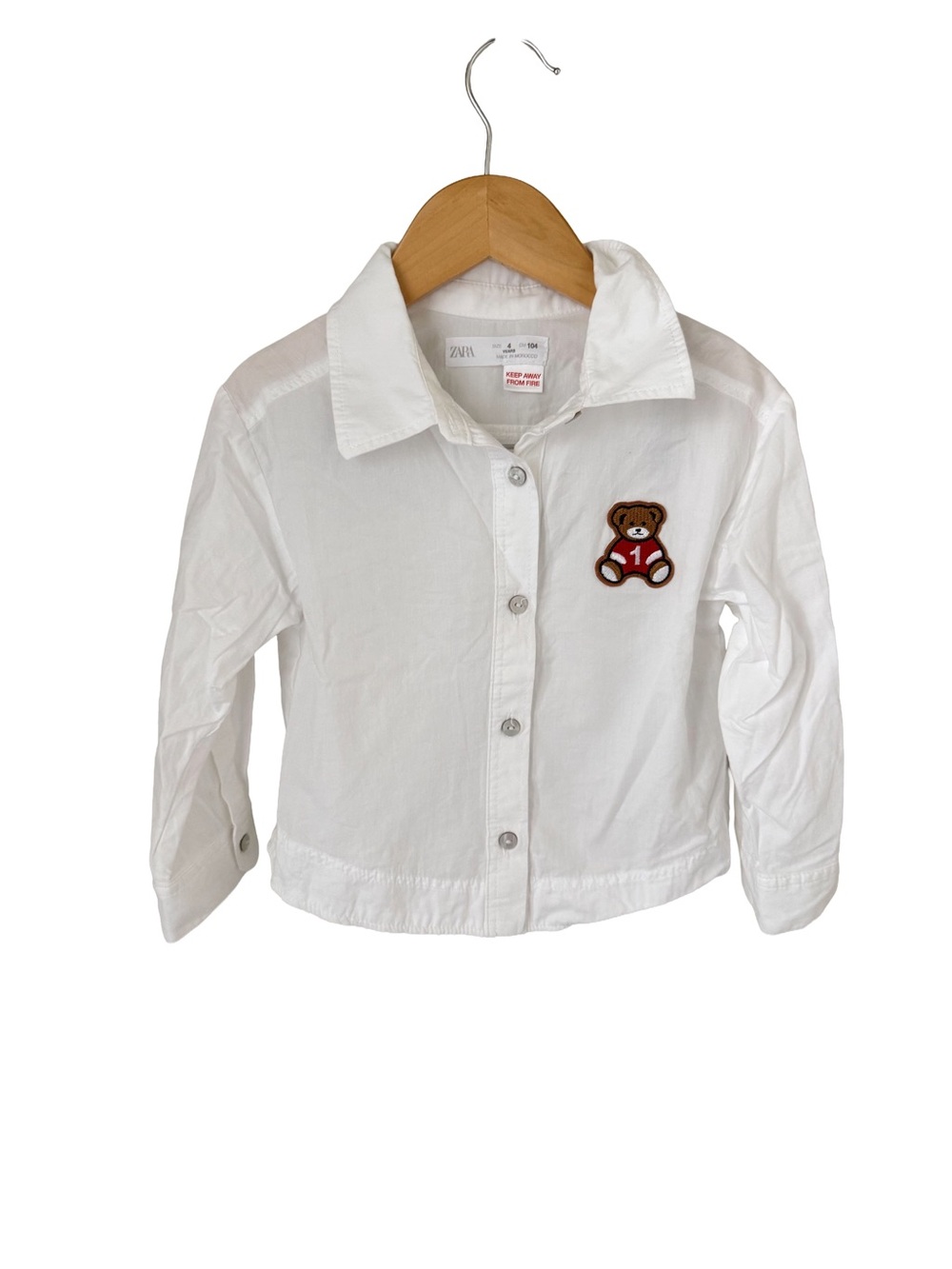Zara White Button-Down Shirt with Teddy Patch size 4
